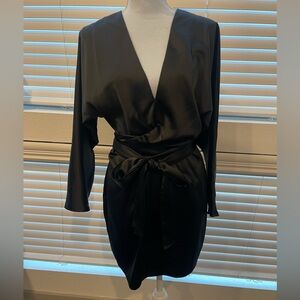 ASOS DESIGN batwing sleeve mini dress in satin with wrap waist in black